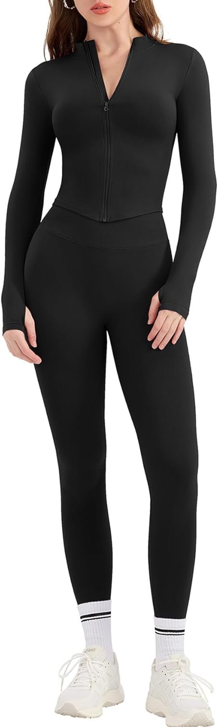 2 Piece Workout Sets for Women Zip Up Jacket Matching High Waist Leggings Sets Women Gym Outfit Sets