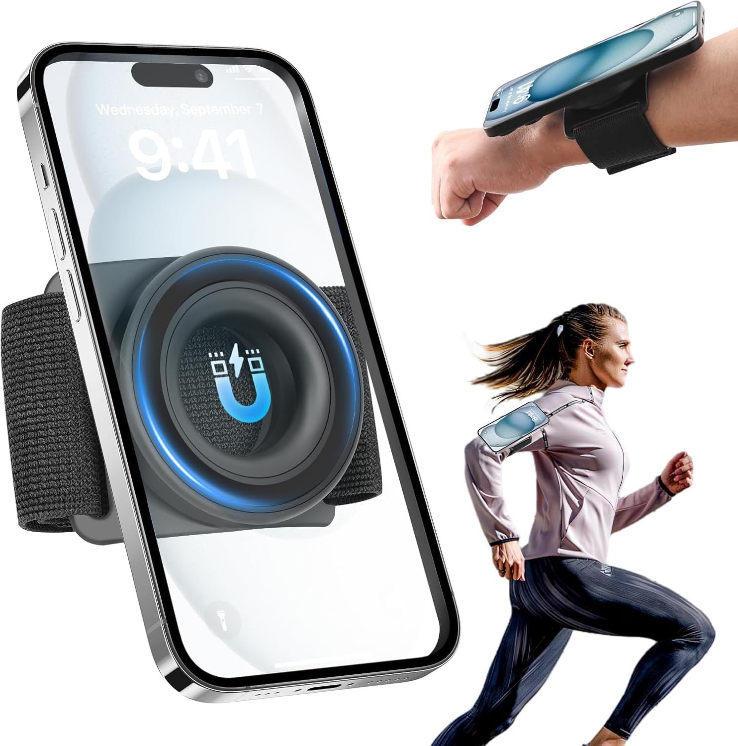TOPGO Running Phone Holder for iPhone [360° Rotatable & Upgrade Anti-Drop] Magnetic Wrist Phone Holder, Magsafe Armband Compatible with iPhone 17 Pro and Android – Black
