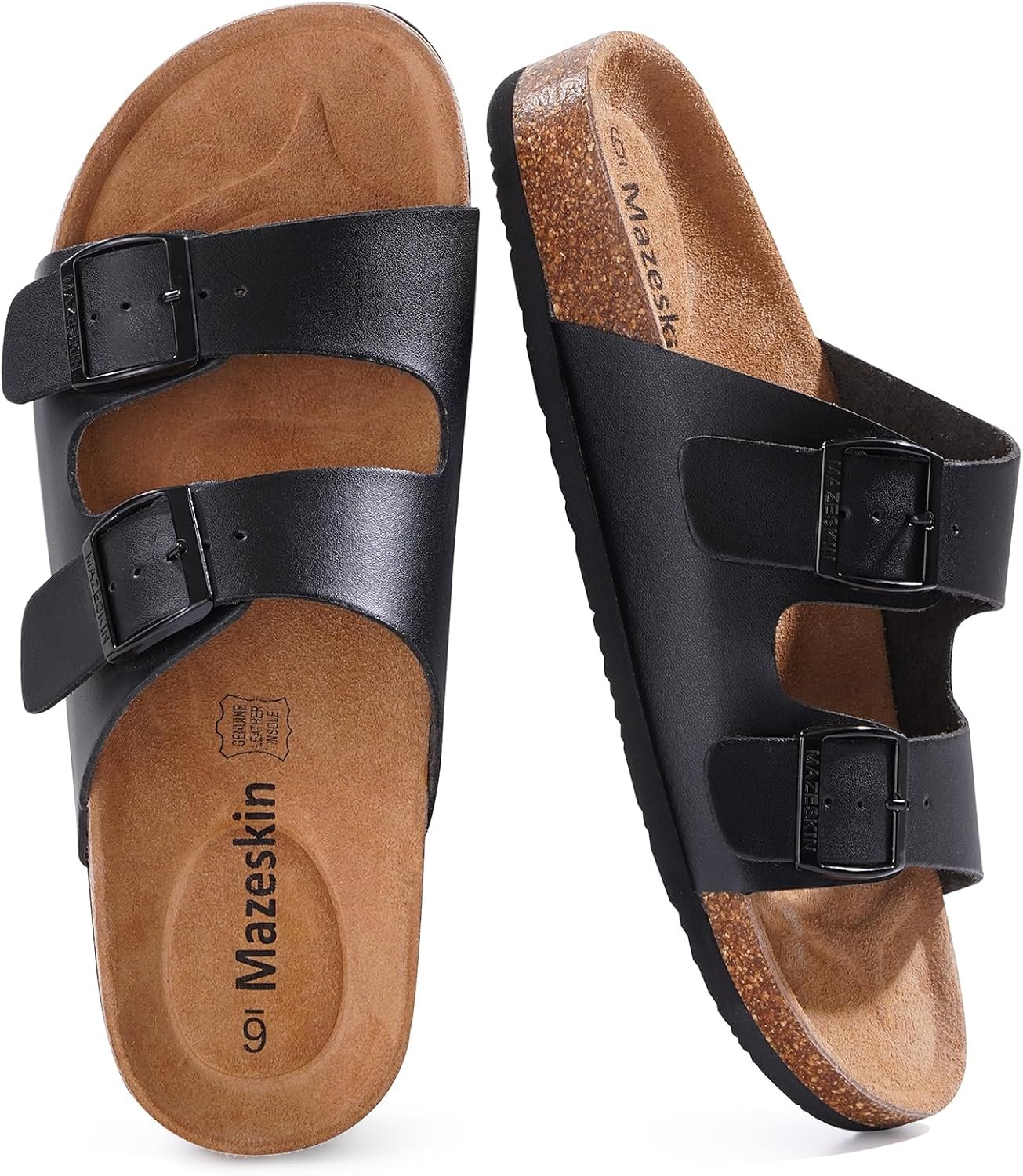 mazeskin Women’s Genuine Leather Orthopedic Slide Sandals with Arch Support, Double Strap Summer Shoes with Adjustable Buckle and Comfortable Orthotic Footbed