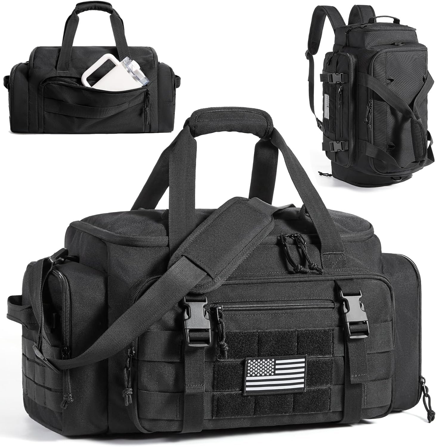 BAGSMART Tactical Gym Bag for Men, 22L Duffle Bag for Travel with Shoe Compartment, 4 in 1 Personal Item Tactical Backpack with 40oz Water Bottle Holder (A-Military Black)