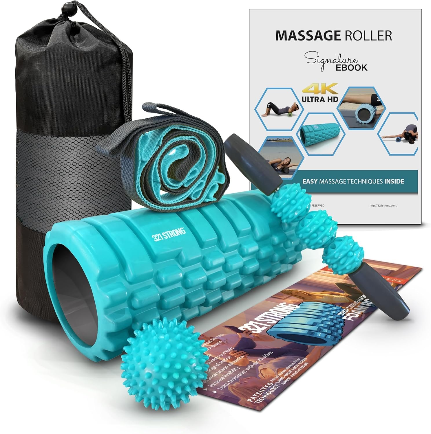 321 STRONG 5 in 1 Foam Roller Set with Hollow Core Deep Tissue Massager, Muscle Roller Stick, Stretching Strap, Spikey Plantar Fasciitis Ball, and Carry Bag, with 4K eBook