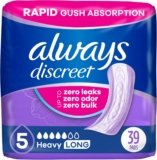Always Discreet Adult Incontinence Pads for Women, Heavy Absorbency, Long Length, Postpartum Pads, 39 Count