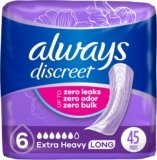 Always Discreet Adult Incontinence Pads for Women, Extra Heavy Absorbency, Long Length, Postpartum Pads, 45 Count